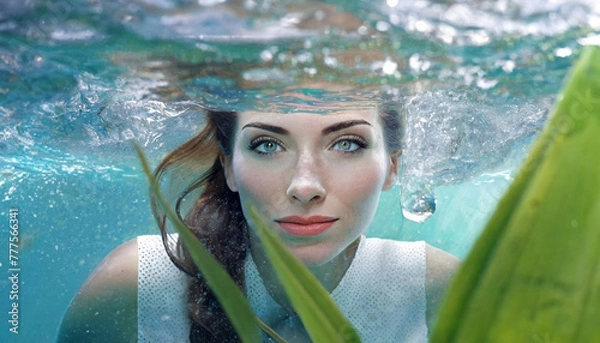 Fototapeta Girl Plaing under water smiling with open eyes waves and sun flares on the beachunderwater life