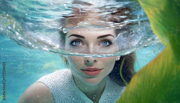 Fototapeta Girl Plaing under water smiling with open eyes waves and sun flares on the beachunderwater life