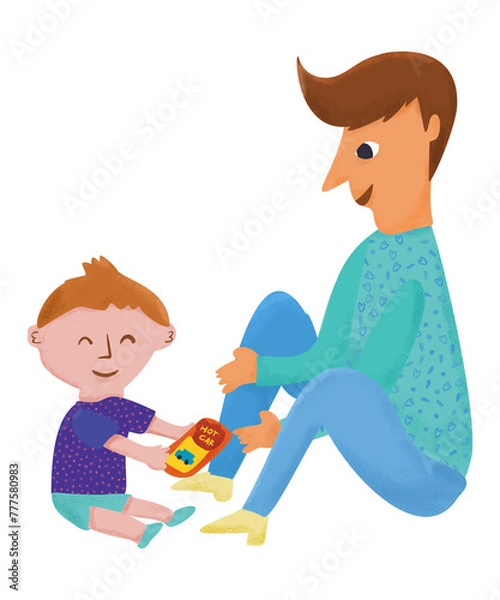 Obraz Father and son, Cartoon Character Illustration, sitting together playing with a toy box of toy cars, Vintage Classic Mid-Century Style Drawing Person For Fun