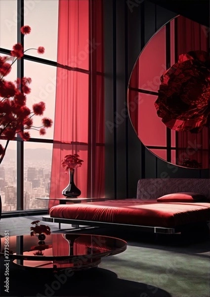 Obraz Red-toned bedroom with modern decor, luxurious and elegant.
