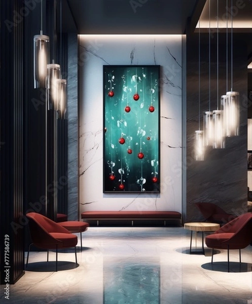 Obraz Red cherries fall in teal water, modern art piece.

