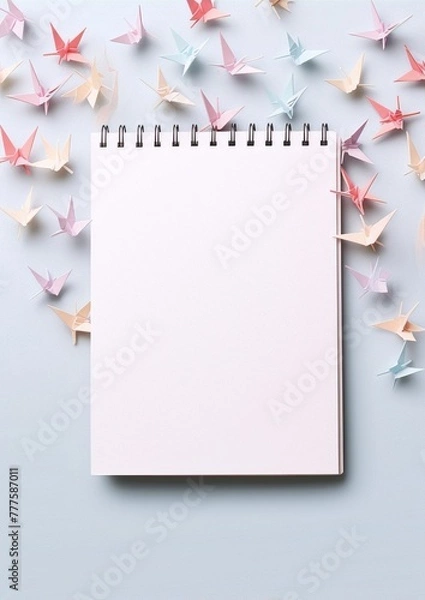 Obraz Blank notebook surrounded by colorful origami birds.
