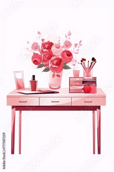 Obraz Pink vanity table with flowers and makeup.
