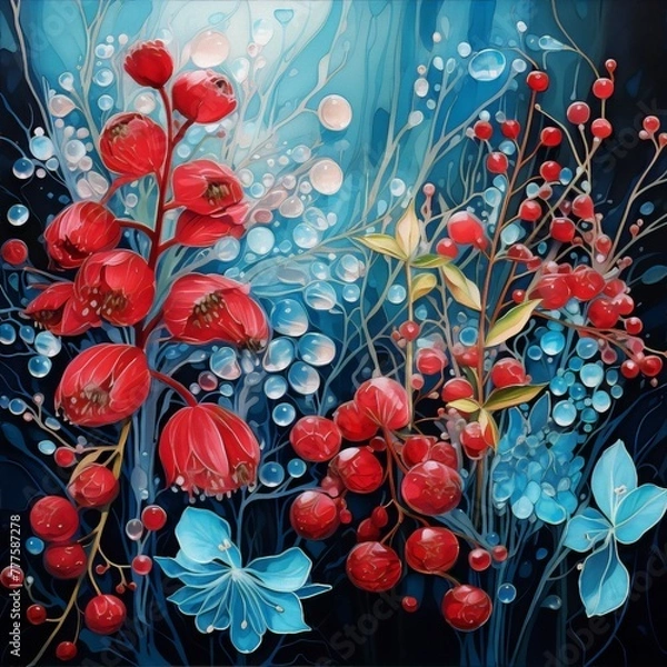 Obraz Vibrant red flowers and berries, deep blues and whites, a mystical floral scene.
