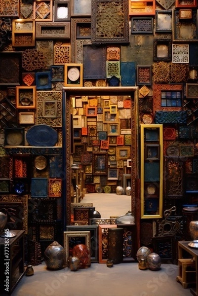 Fototapeta A wall of framed artifacts, creating a tunnel-like passage.
