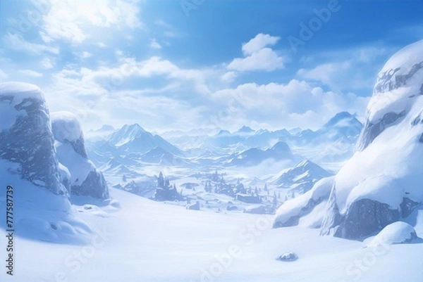 Obraz Vast snowy valley, mountains, and a clear blue sky.
