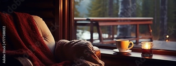 Obraz Cozy scene by the window, warm blanket.