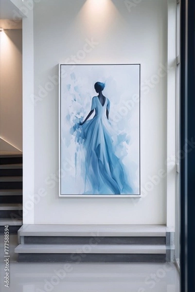 Obraz Woman in a flowing light blue gown, serene and elegant.
