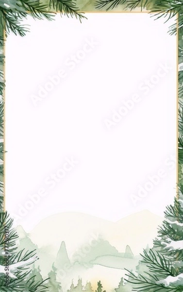 Obraz Watercolor winter landscape with pine branches frame, perfect for Christmas and New Year cards, wedding invitations, and other holiday projects.