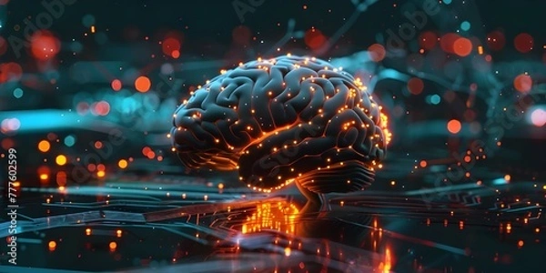 Obraz A digital brain with glowing neural connections floating above an abstract circuit board.
