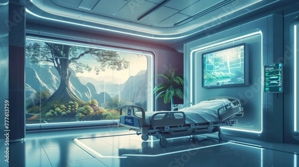 Fototapeta Futuristic hospital room with a scenic view, blending technology with comfort, ideal for sci-fi media.