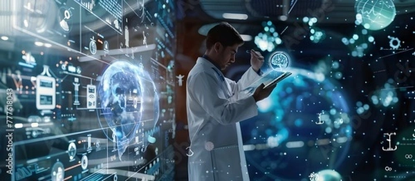 Obraz A doctor using an electronic medical record system with icons and data floating around, representing the integration of technology in healthcare. 