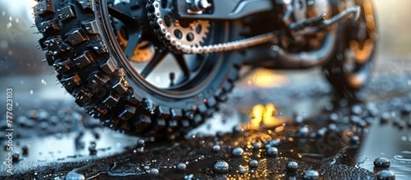 Fototapeta Detailed view of a motorcycles rear tire on a wet surface, showcasing tread pattern and water droplets.