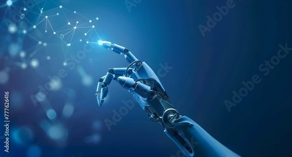 Obraz A human hand and an AI robot's finger touch, with digital data flowing between them.