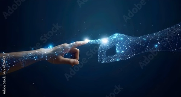 Fototapeta A human hand and an AI robot's finger touch, with digital data flowing between them.