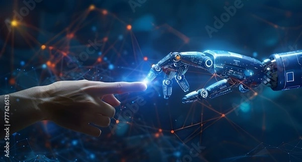 Obraz A human hand and an AI robot's finger touch, with digital data flowing between them.