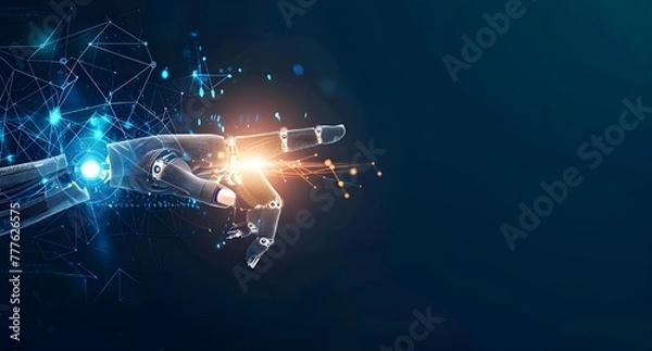 Obraz A human hand and an AI robot's finger touch, with digital data flowing between them.