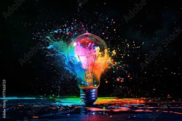 Obraz A light bulb exploding, vibrant colors against a black background, symbolizing creativity and innovation in digital marketing.
