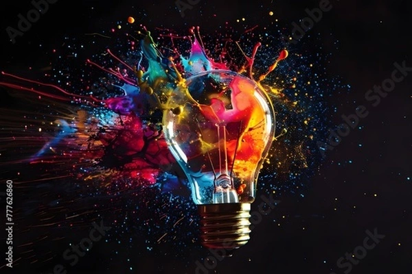 Obraz A light bulb exploding, vibrant colors against a black background, symbolizing creativity and innovation in digital marketing.