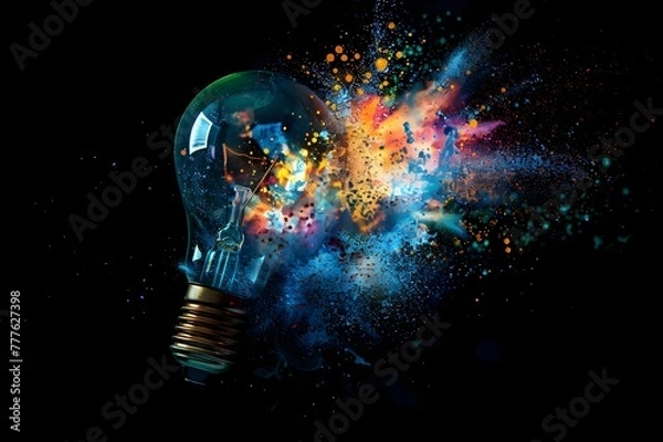 Obraz A light bulb exploding, vibrant colors against a black background, symbolizing creativity and innovation in digital marketing.