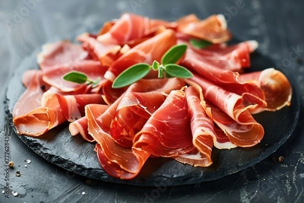Fototapeta Sliced prosciutto on a black plate. 