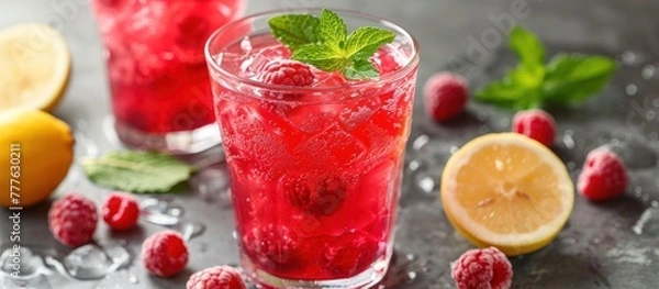 Obraz glasses filled with vibrant raspberry lemonade sit on a table, with condensation glistening on the sides. The glasses are placed next to each other, creating a refreshing and colorful scene.