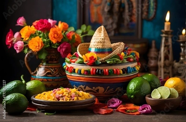 Fototapeta Cinco de Mayo, sombrero rests on a table next to a bowl of green limes