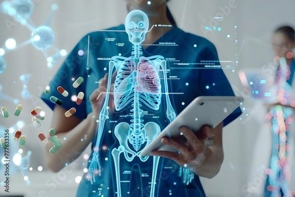 Obraz a nurse holds an iPad with holographic medical icons with a digital screen showing illustrations of human body anatomy.