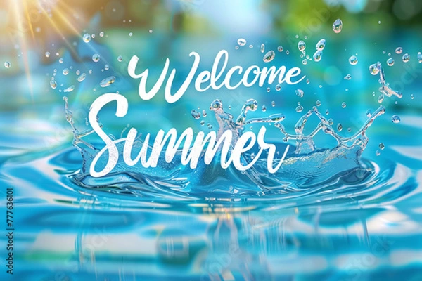 Fototapeta Water background with splashes and lettering Welcome Summer, greeting the summer season