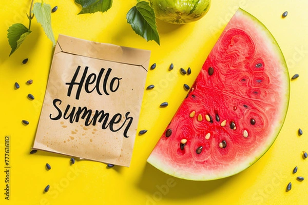 Obraz Yellow, bright background with a piece of juicy watermelon and the inscription Hello Summer, welcome summer banner