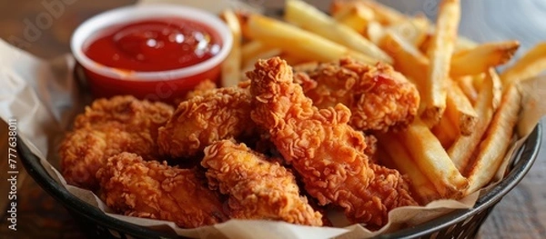 Fototapeta A basket filled with crispy fried chicken pieces and golden french fries accompanied by a side of ketchup.