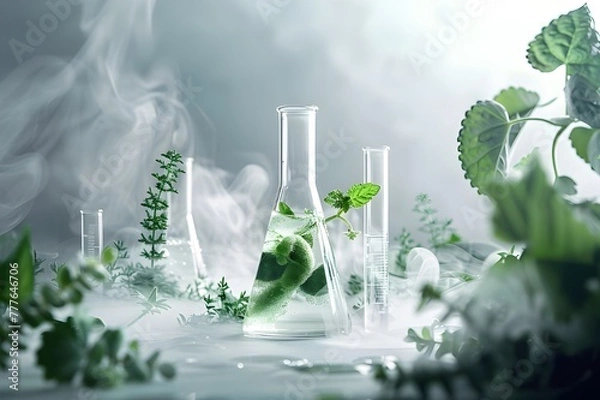 Obraz An organic chemical laboratory, with green leaves and plants swirling around it, representing the bio PEOPLE's commitment to ecofriendly science.