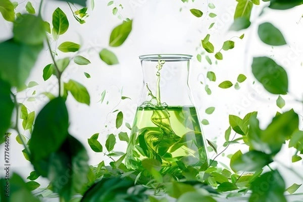 Obraz An organic chemical laboratory, with green leaves and plants swirling around it, representing the bio PEOPLE's commitment to ecofriendly science.