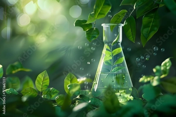 Obraz An organic chemical laboratory, with green leaves and plants swirling around it, representing the bio PEOPLE's commitment to ecofriendly science.
