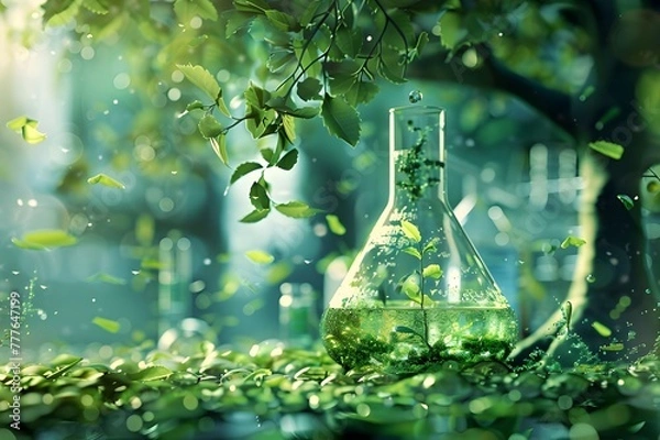 Obraz An organic chemical laboratory, with green leaves and plants swirling around it, representing the bio PEOPLE's commitment to ecofriendly science.