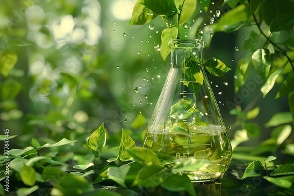Obraz An organic chemical laboratory, with green leaves and plants swirling around it, representing the bio PEOPLE's commitment to ecofriendly science.