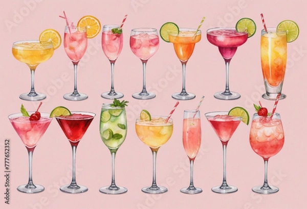 Fototapeta light pink array of cute watercolor clipart of different types and colors of cocktail glasses with different types of drinks in them such as a wine glass, champagne bottle, martini cup, mimosa, and ma