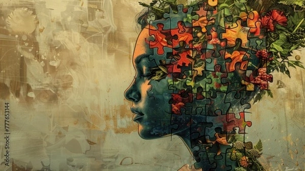 Fototapeta Graphic novel panel with a person of puzzle pieces, each detailed in comic shading, showing emotions linked to food dramatically. Emotional OverEating Awareness Month