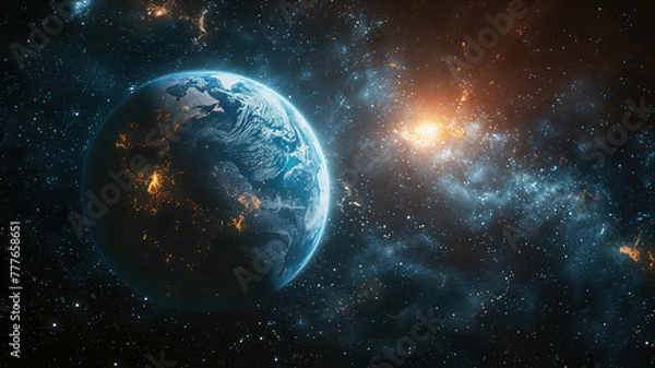 Fototapeta Planet Earth with a glowing horizon against the backdrop of the Milky Way galaxy.