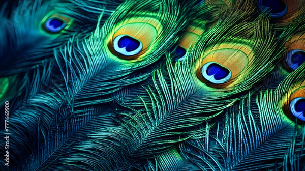 Fototapeta A close up of a group of peacock feathers, with their vibrant colors