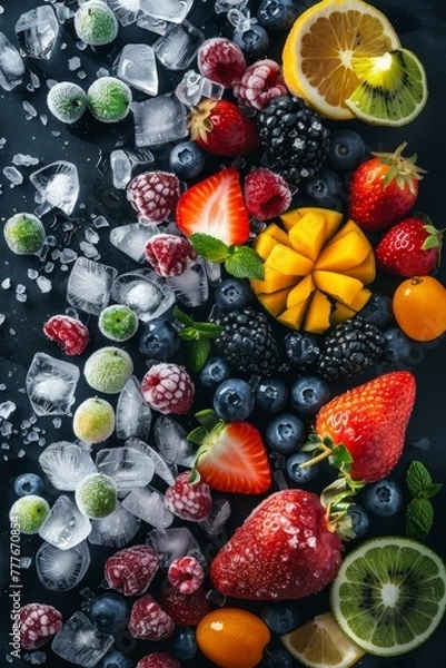 Fototapeta Various Fruits and Ice Displayed on a Table