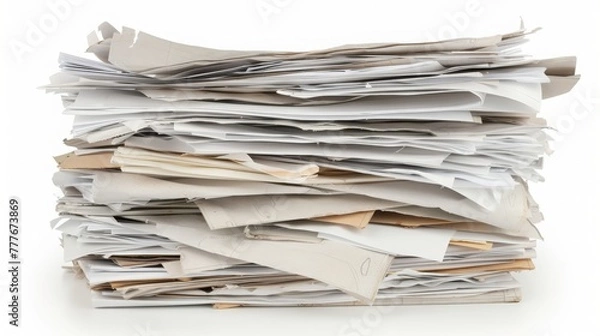 Fototapeta messy stack of white papers on a plain white background