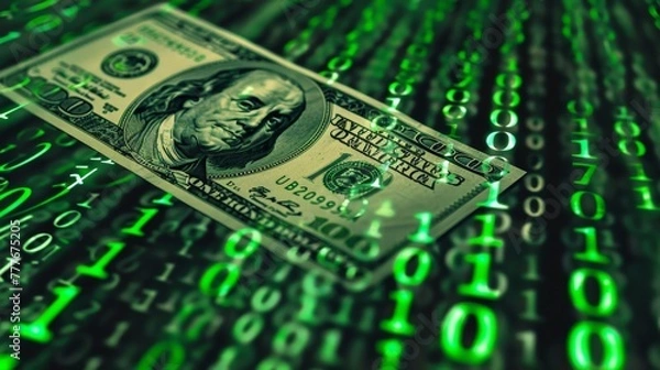 Fototapeta Abstract Digital Dollar Concept with Binary Code and Currency Symbolism on a Green Background