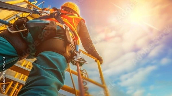 Fototapeta Work on high devices Fall arrest device for workers with safety belt hook