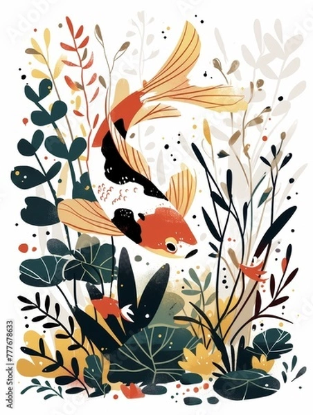 Obraz Vibrant Fish Illustration with Plants on Minimalist Background Generative AI