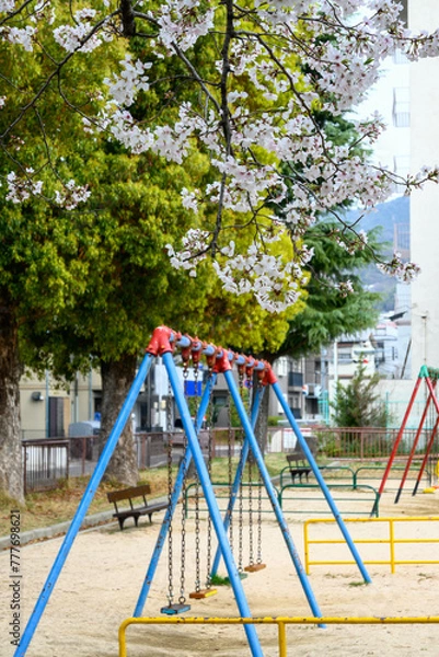 Fototapeta 桜の咲く公園　ブランコとベンチ