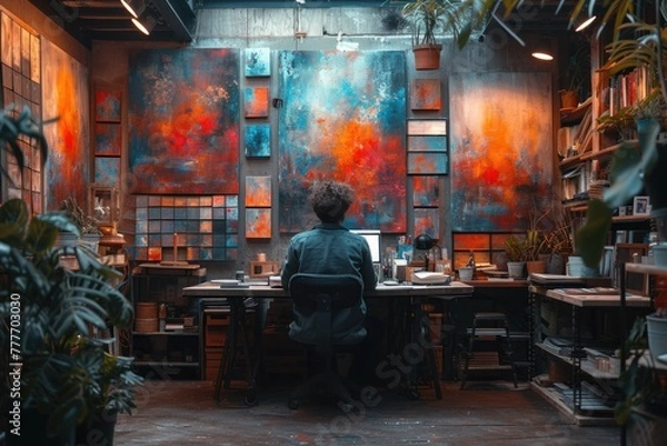 Fototapeta Man sitting at desk in front of painting