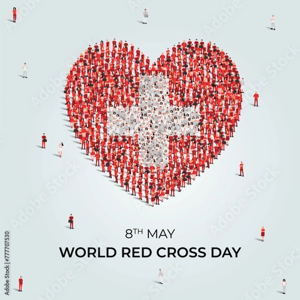 Fototapeta World red cross day concept poster. Large group of people form to create red cross as red cross day is celebrated on 8th of may. Vector illustration.