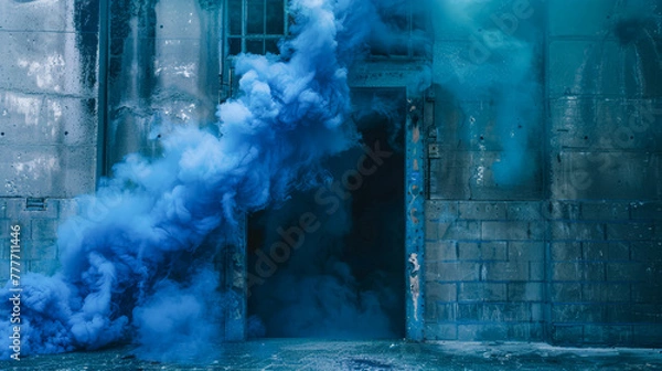 Fototapeta Dense blue smoke emerging from an open industrial doorway creating a mysterious atmosphere