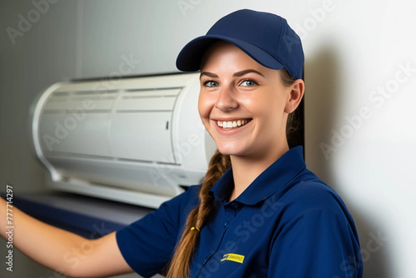 Fototapeta Cute female technician installing air conditioner
expert HVAC worker installing repairing air conditioner, 